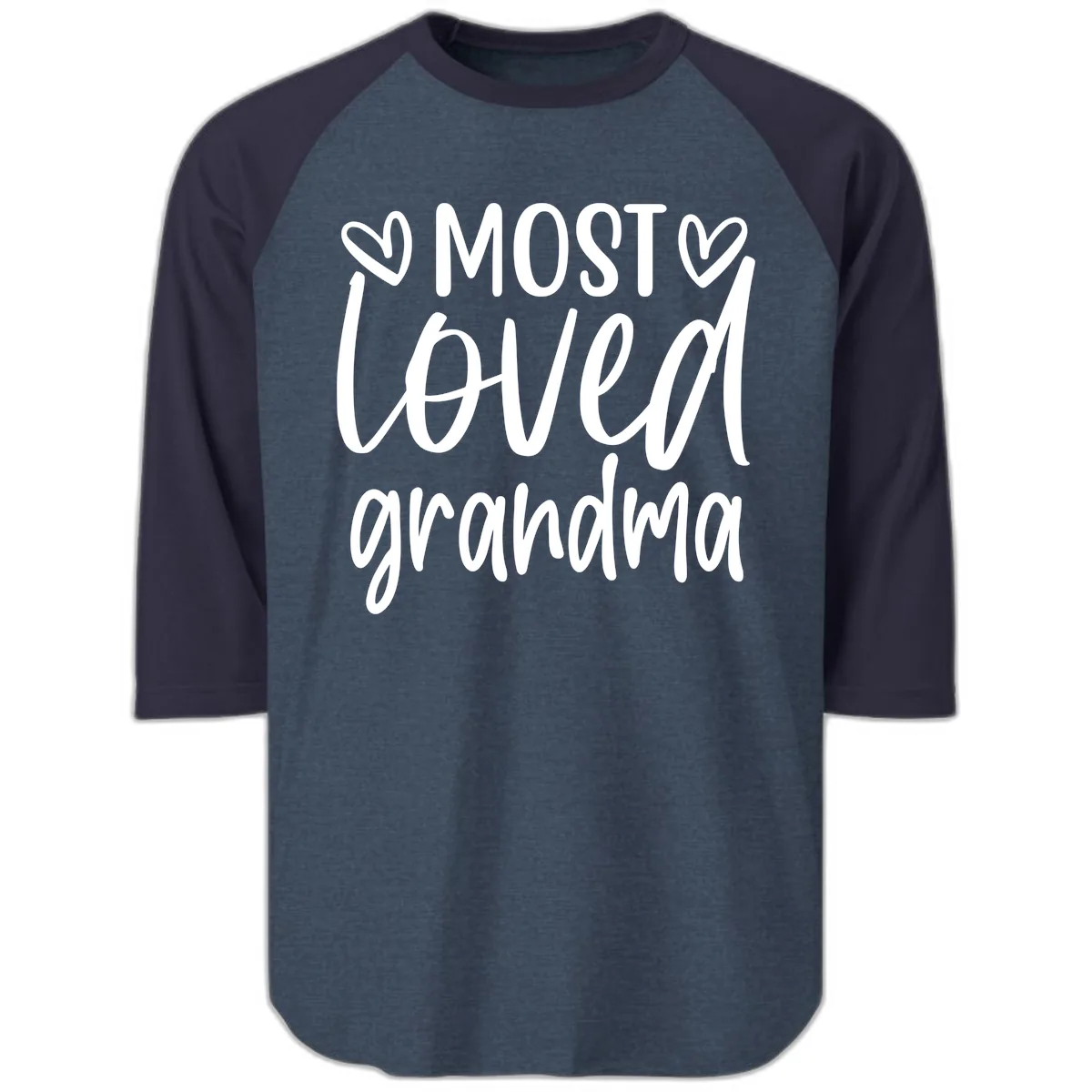 Most Loved Grandma Typography Design Raglan 3/4 in Heather Denim Navy