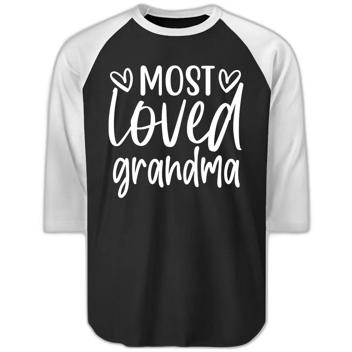 Most Loved Grandma Typography Design Raglan 3/4 in Black White