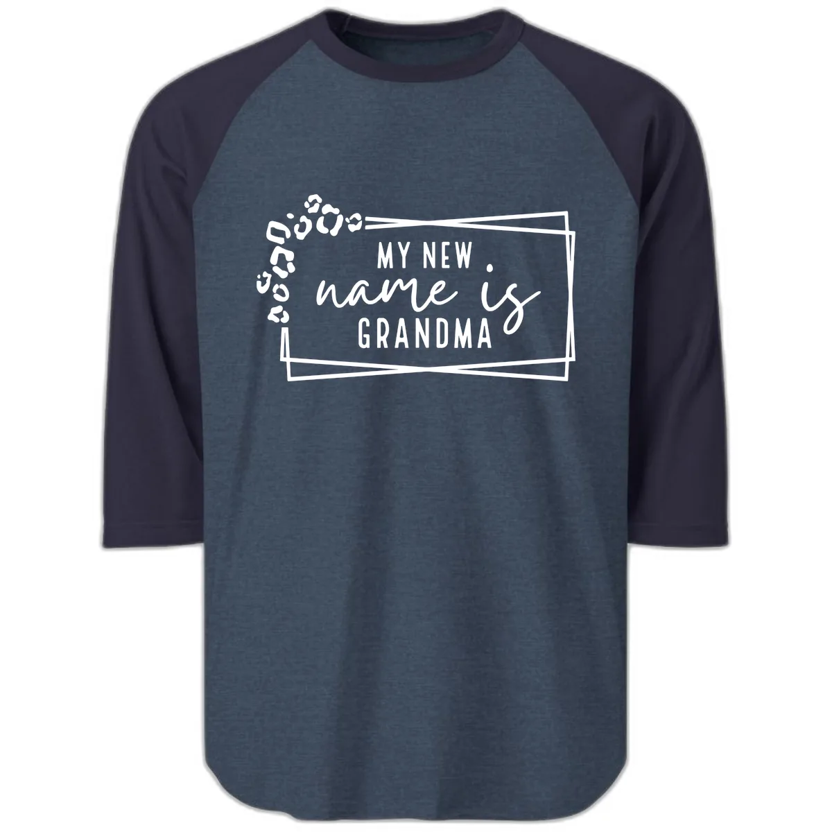 My New Name Is Grandma Leopard Raglan 3/4 in Heather Denim Navy
