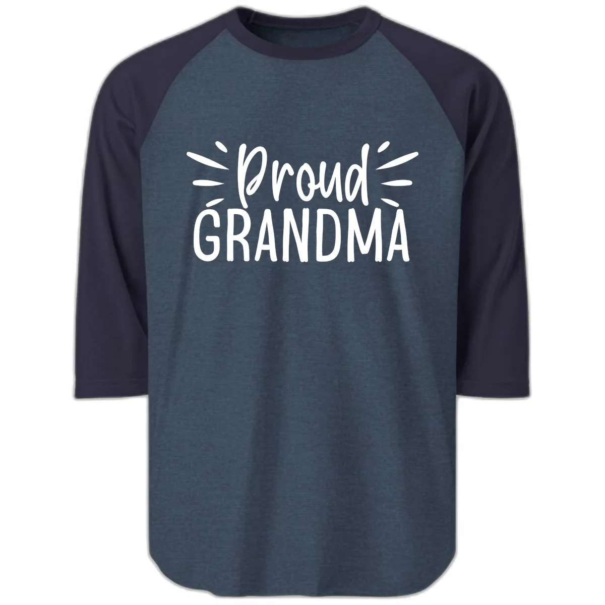 Proud Grandma Typography Design Raglan 3/4 in Heather Denim Navy