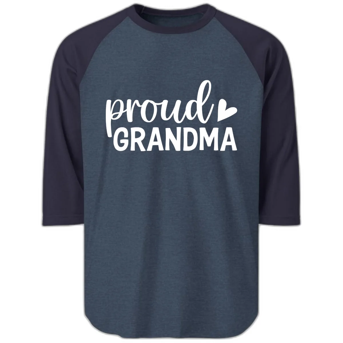 Proud Grandma Script Heart Design Raglan 3/4 in Heather Denim Navy