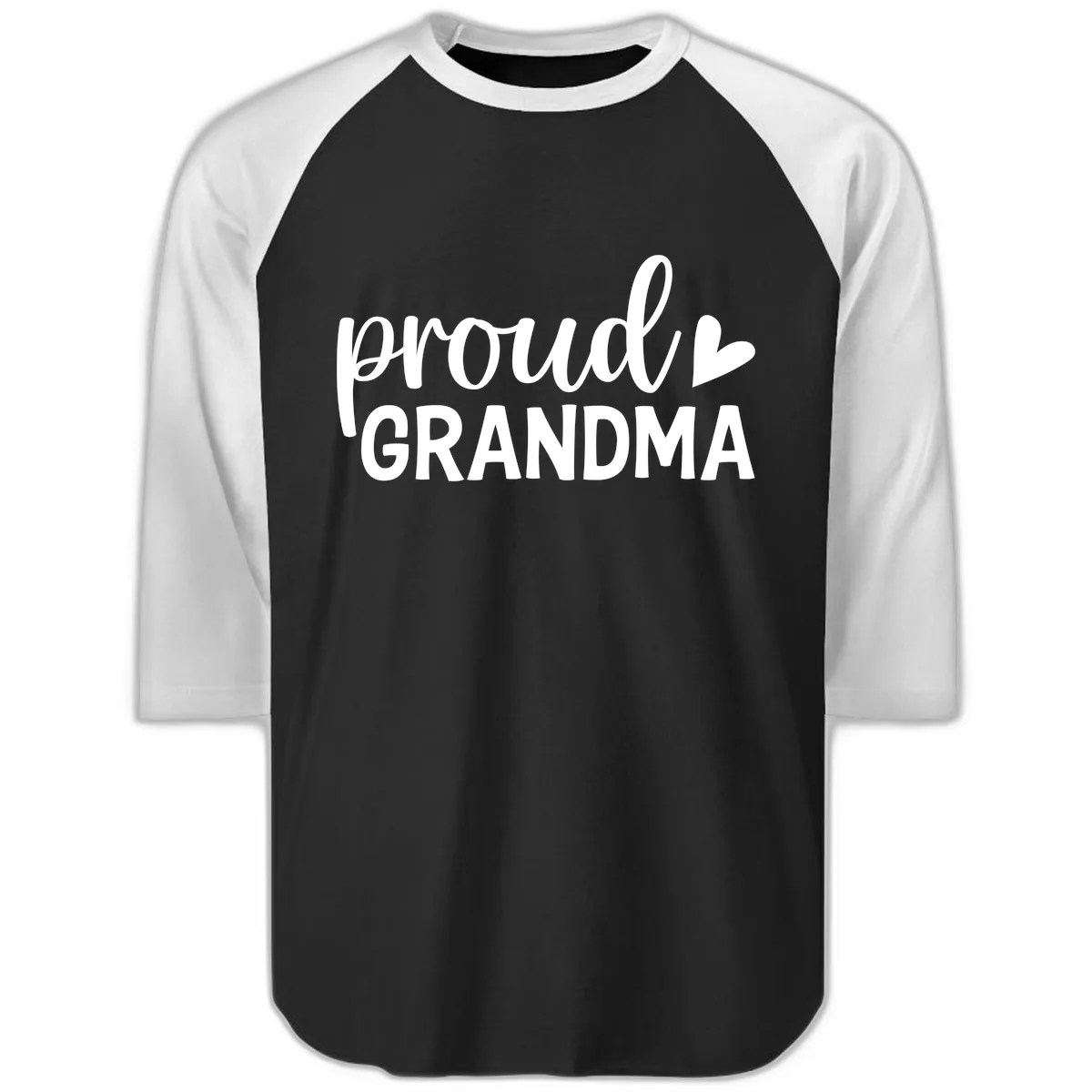 Proud Grandma Script Heart Design Raglan 3/4 in Black White