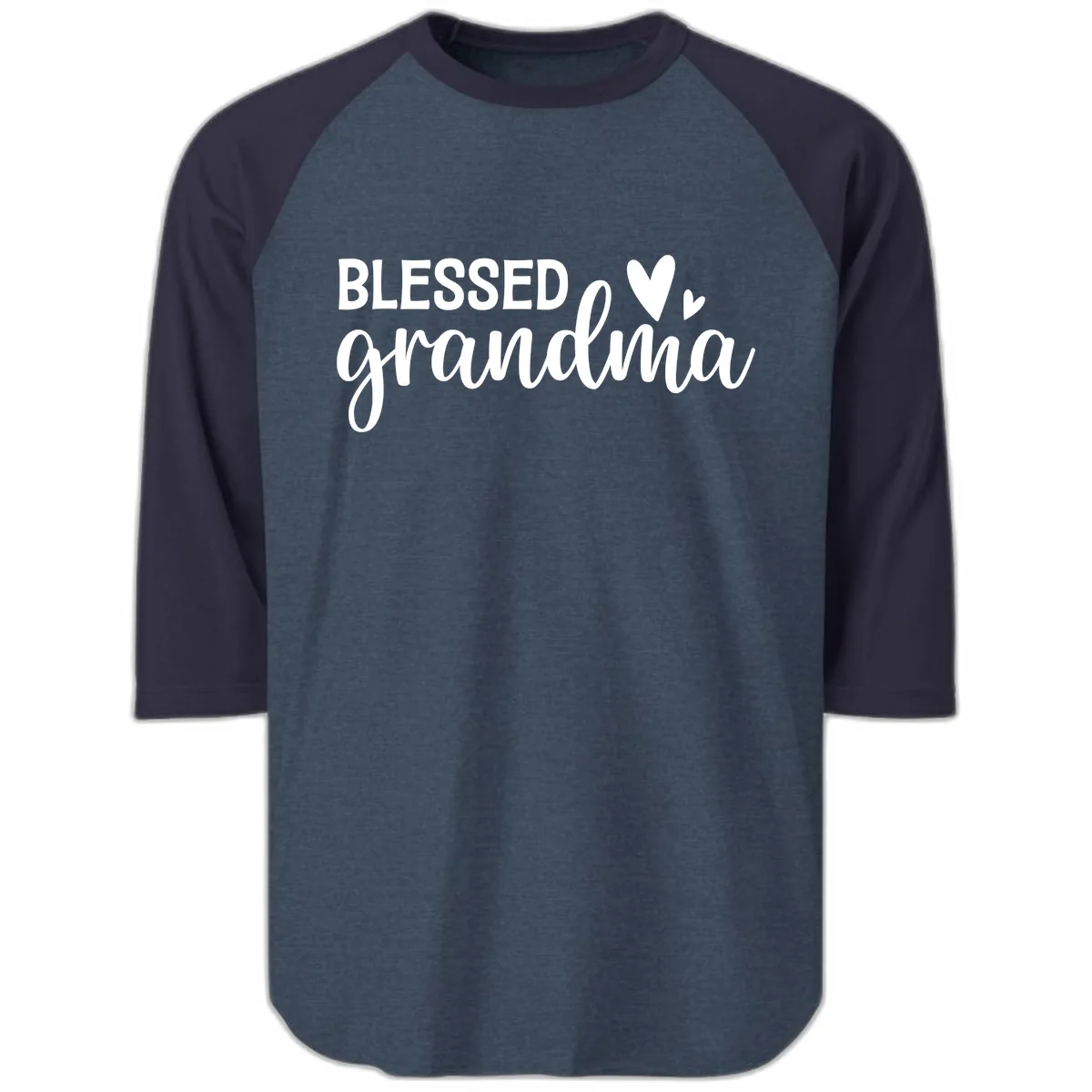Blessed Grandma Script Typography Raglan 3/4 in Heather Denim Navy