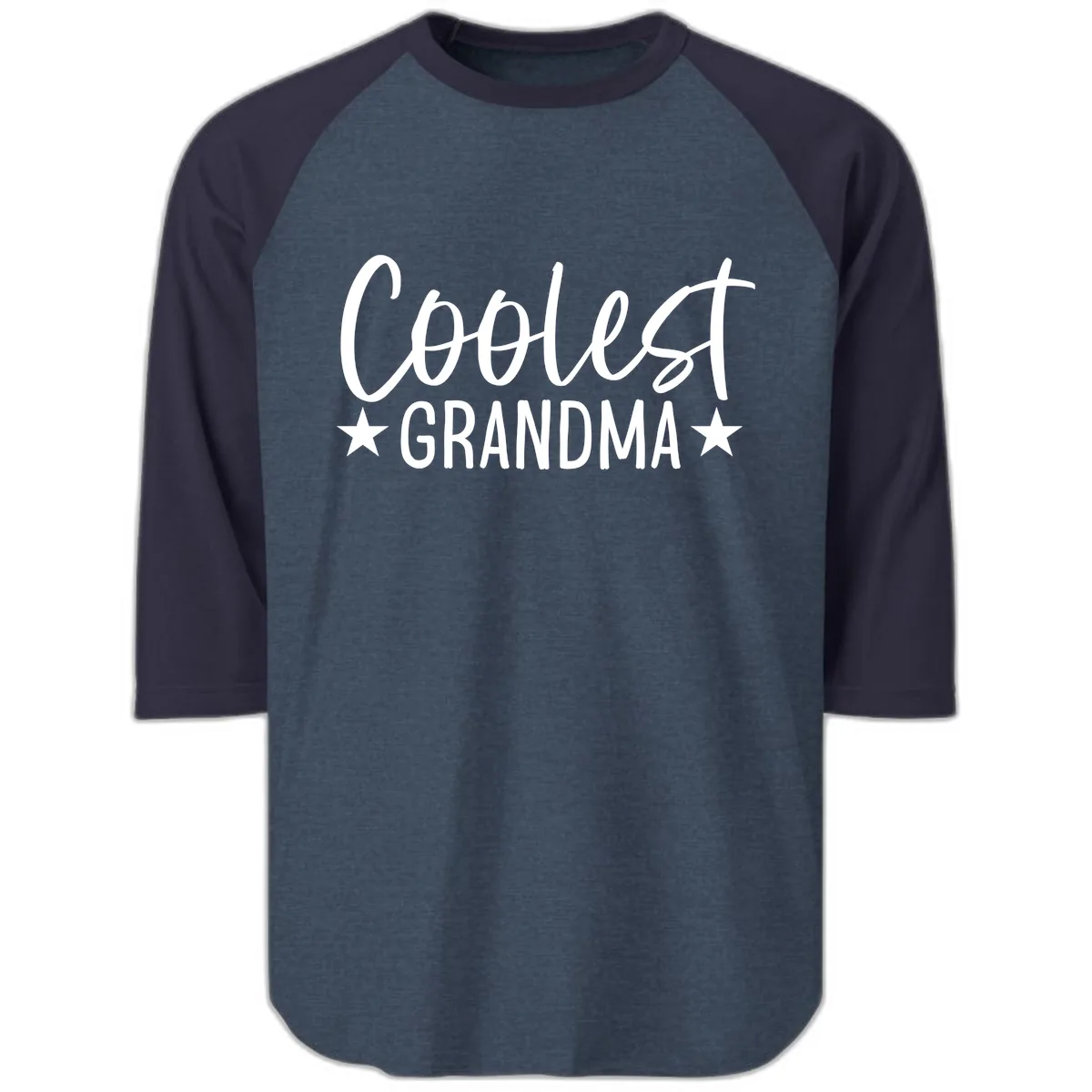 Coolest Grandma Typography Design Raglan 3/4 in Heather Denim Navy