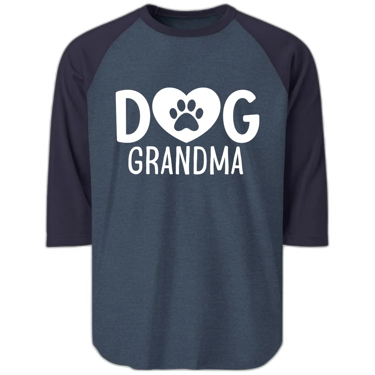 Dog Grandma Heart Paw Print Raglan 3/4 in Heather Denim Navy