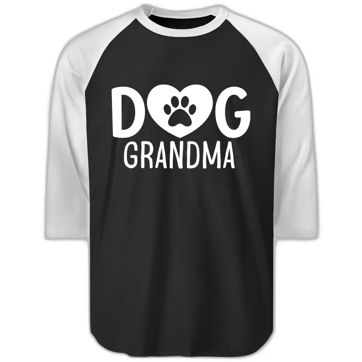 Dog Grandma Heart Paw Print Raglan 3/4 in Black White