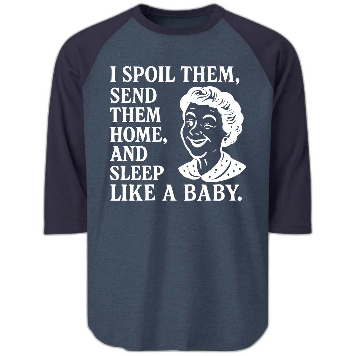Spoil Them Sleep Like A Baby Grandma Raglan 3/4 in Heather Denim Navy