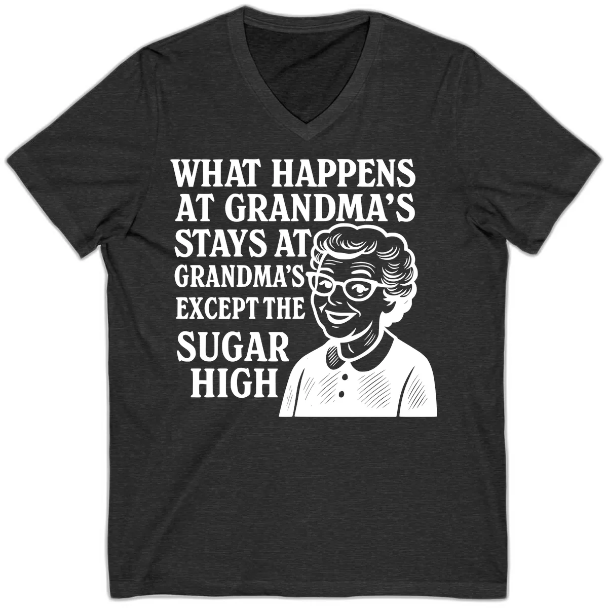 What Happens At Grandma's Sugar High V-Neck in Dark Grey Heather