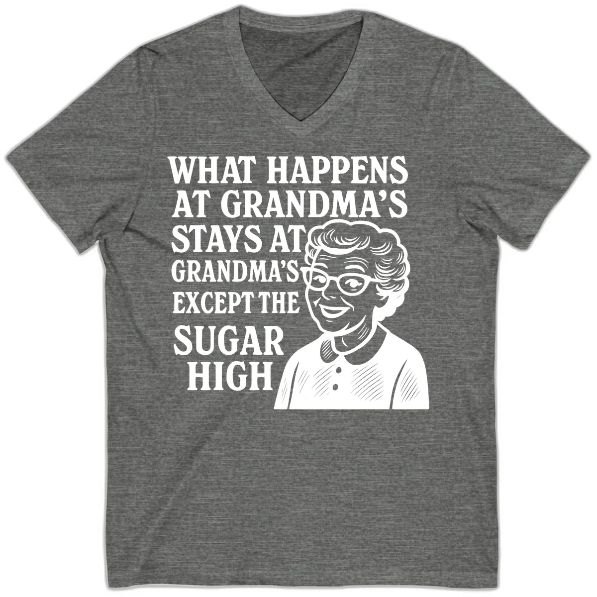 What Happens At Grandma's Sugar High V-Neck in Deep Heather