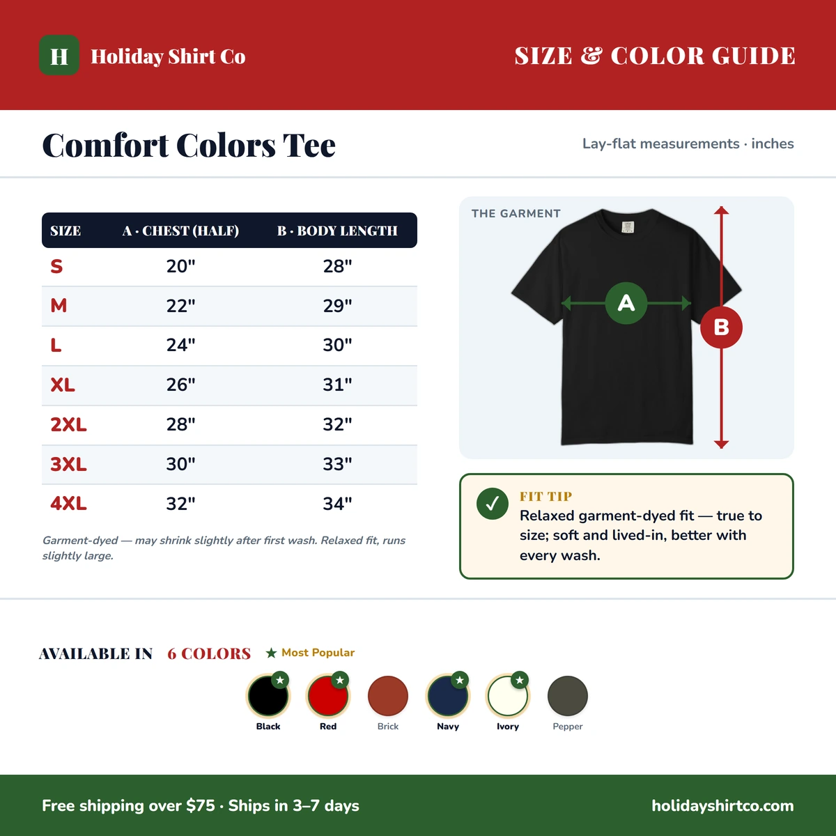 Comfort Color size & color guide