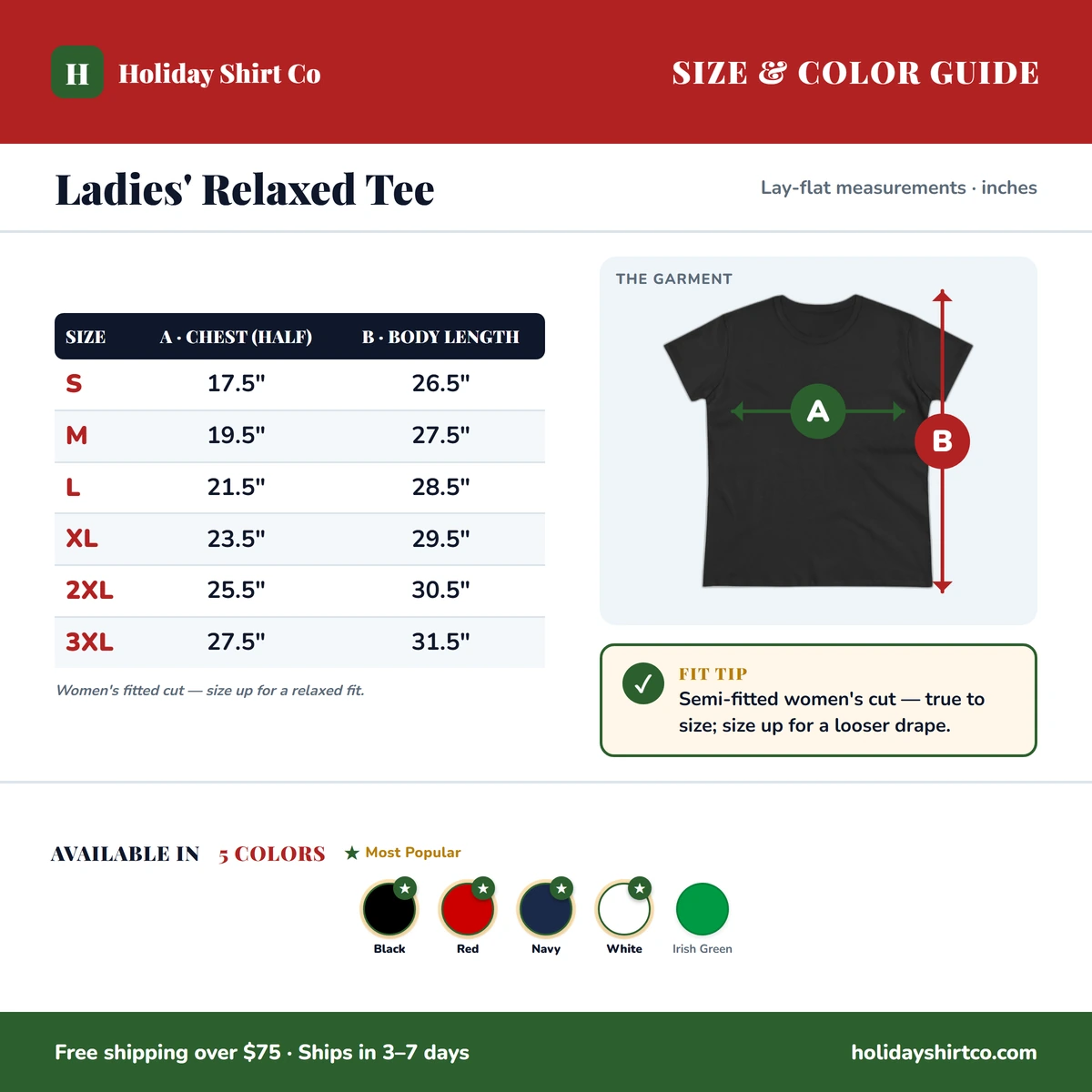 Ladies Tee size & color guide