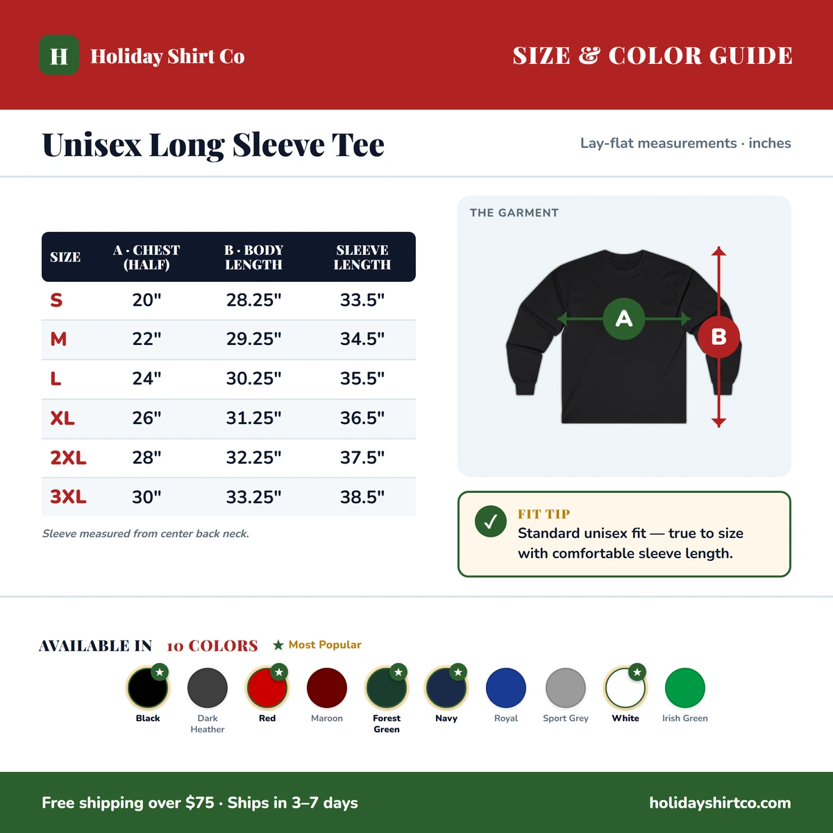 Long Sleeve size & color guide