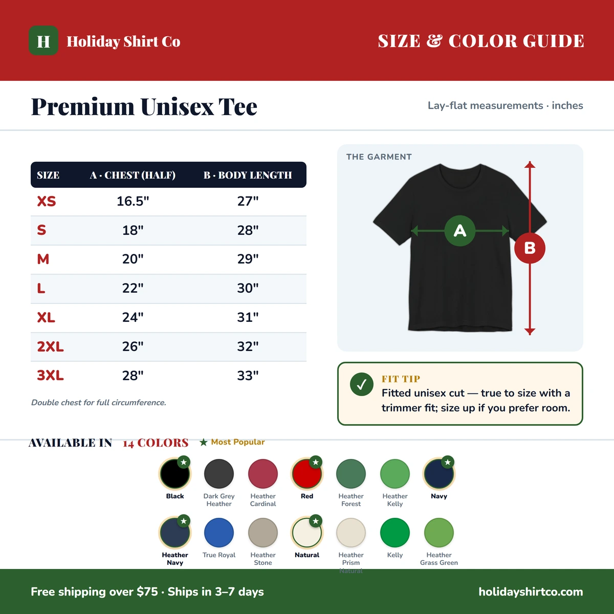 Premium T-Shirt size & color guide