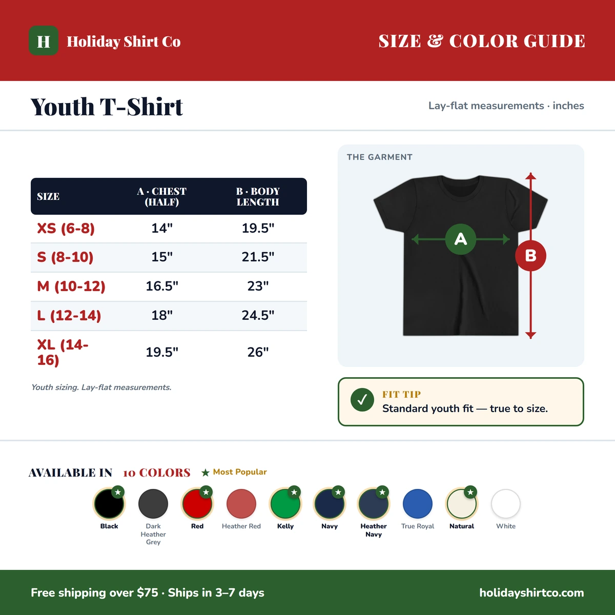 Youth T-Shirt size & color guide