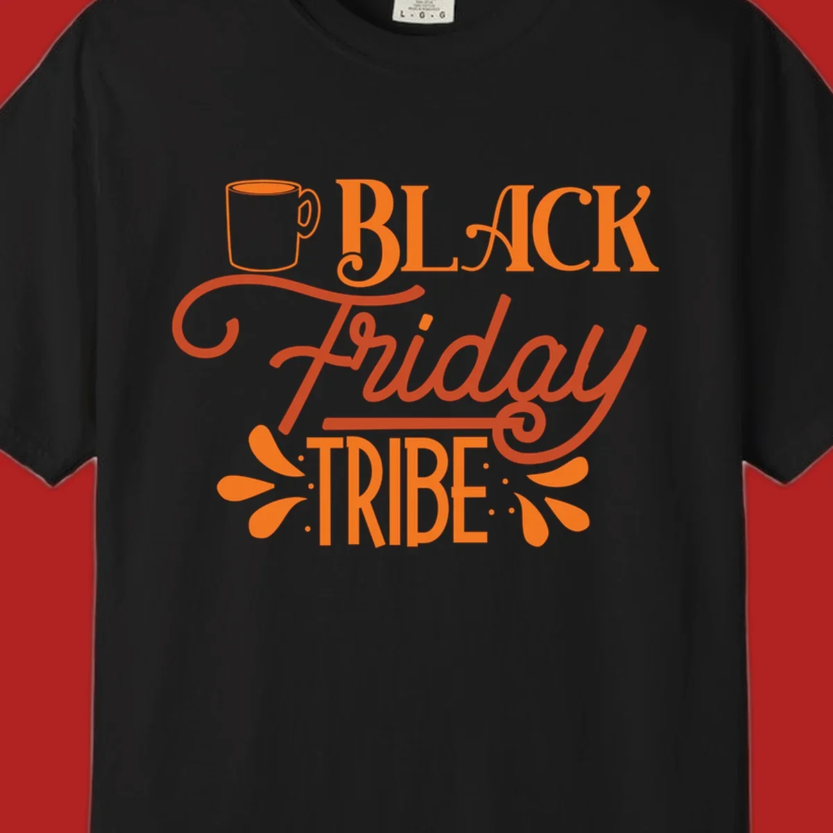 Black Friday Tribe text and coffee mug design, orange and white on black and white backgrounds.