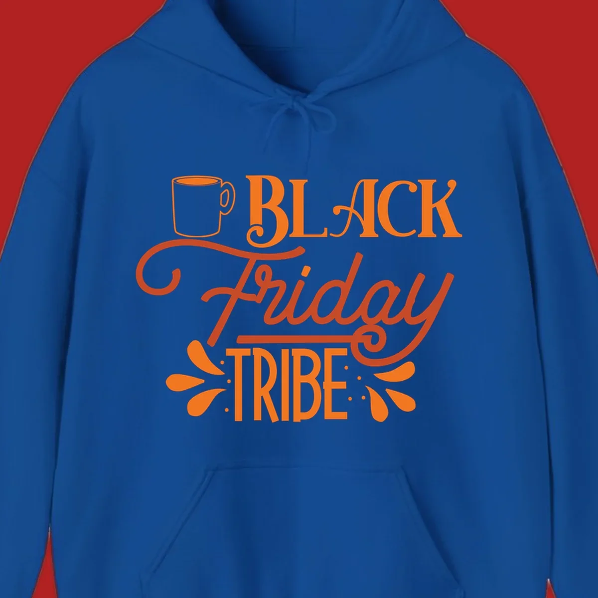 Black Friday Tribe text and coffee mug design, orange and white on black and white backgrounds.