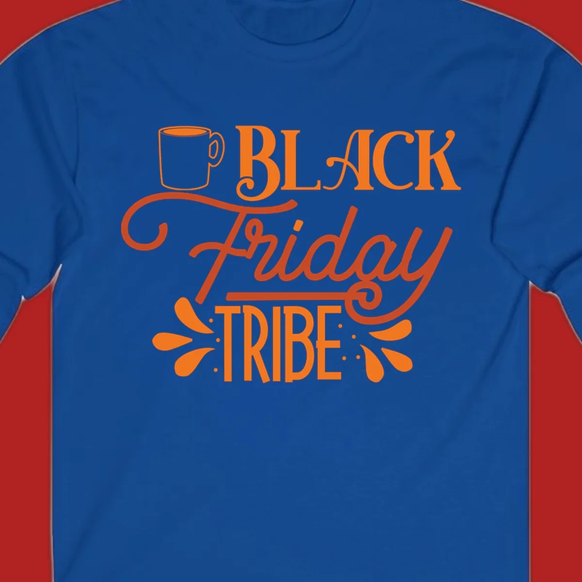 Black Friday Tribe text and coffee mug design, orange and white on black and white backgrounds.