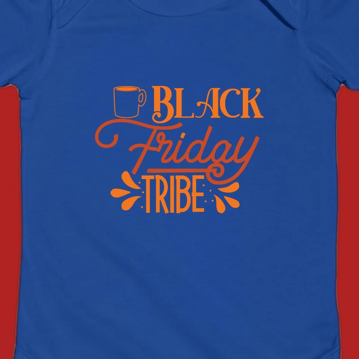 Black Friday Tribe text and coffee mug design, orange and white on black and white backgrounds.