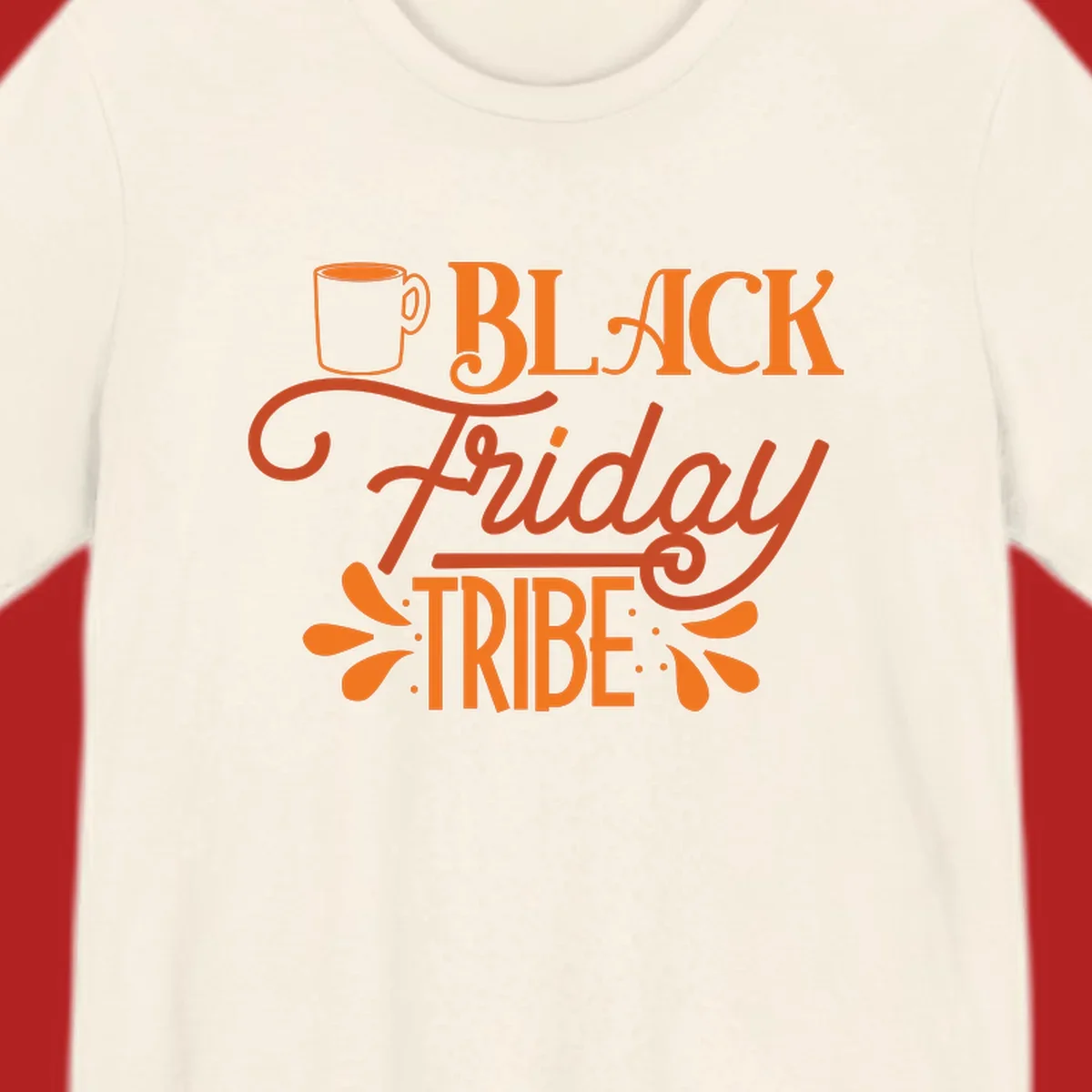 Black Friday Tribe text and coffee mug design, orange and white on black and white backgrounds.