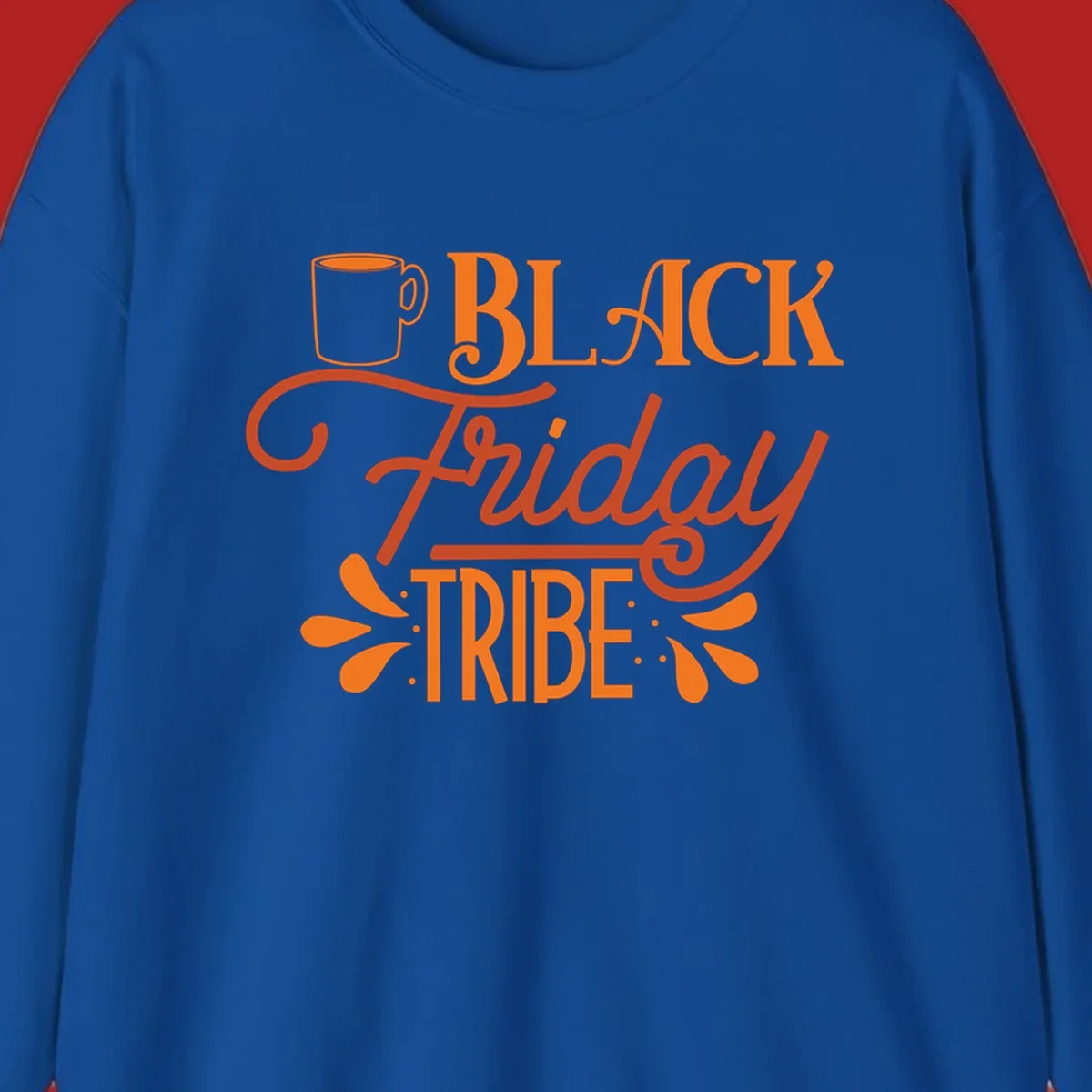 Black Friday Tribe text and coffee mug design, orange and white on black and white backgrounds.