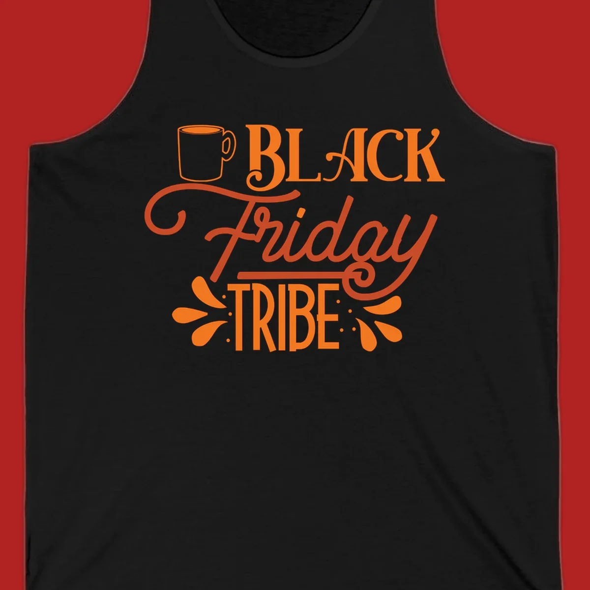 Black Friday Tribe text and coffee mug design, orange and white on black and white backgrounds.
