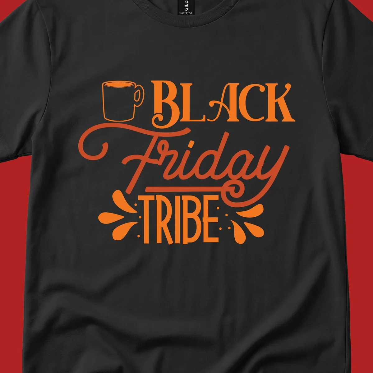 Black Friday Tribe text and coffee mug design, orange and white on black and white backgrounds.