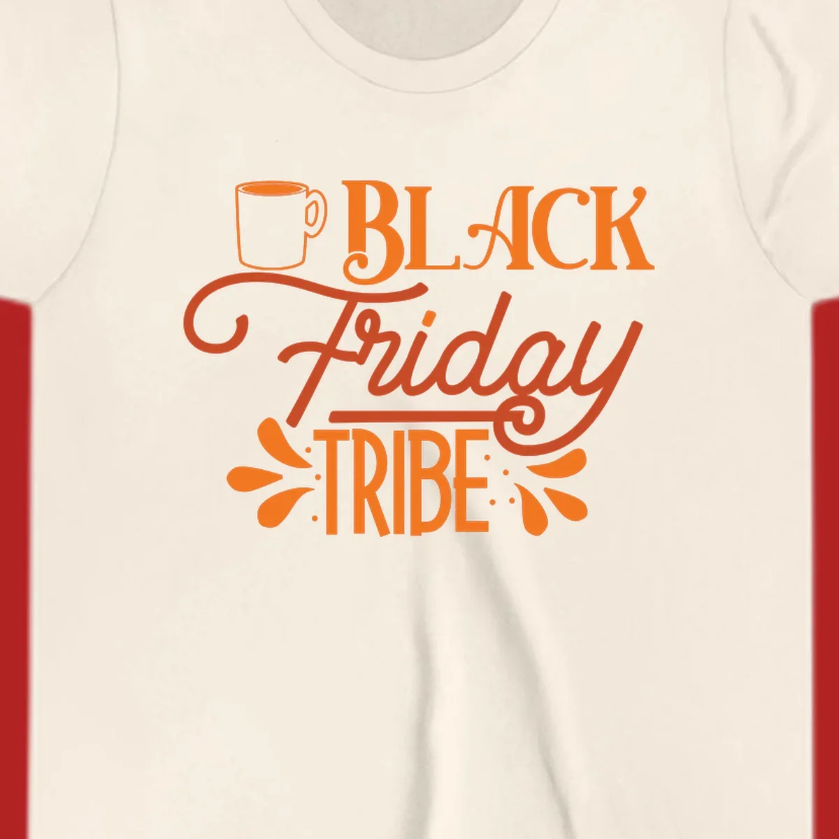 Black Friday Tribe text and coffee mug design, orange and white on black and white backgrounds.