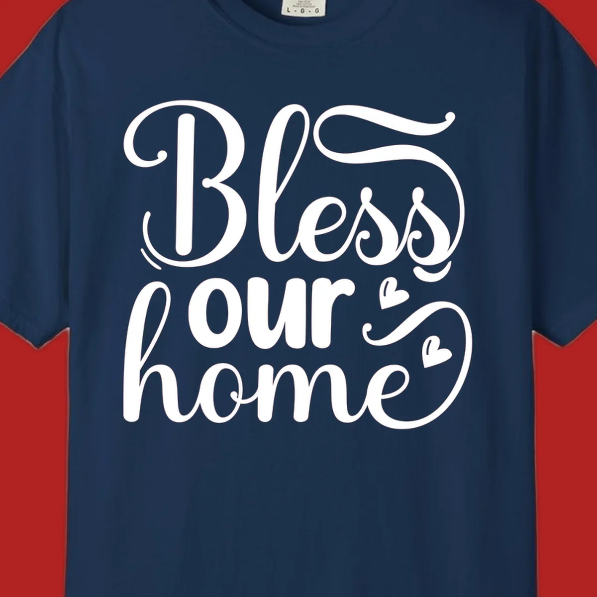 Bless our home script typography with hearts. White text on black and white backgrounds.