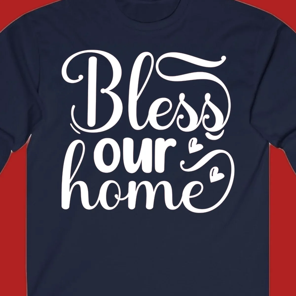 Bless our home script typography with hearts. White text on black and white backgrounds.