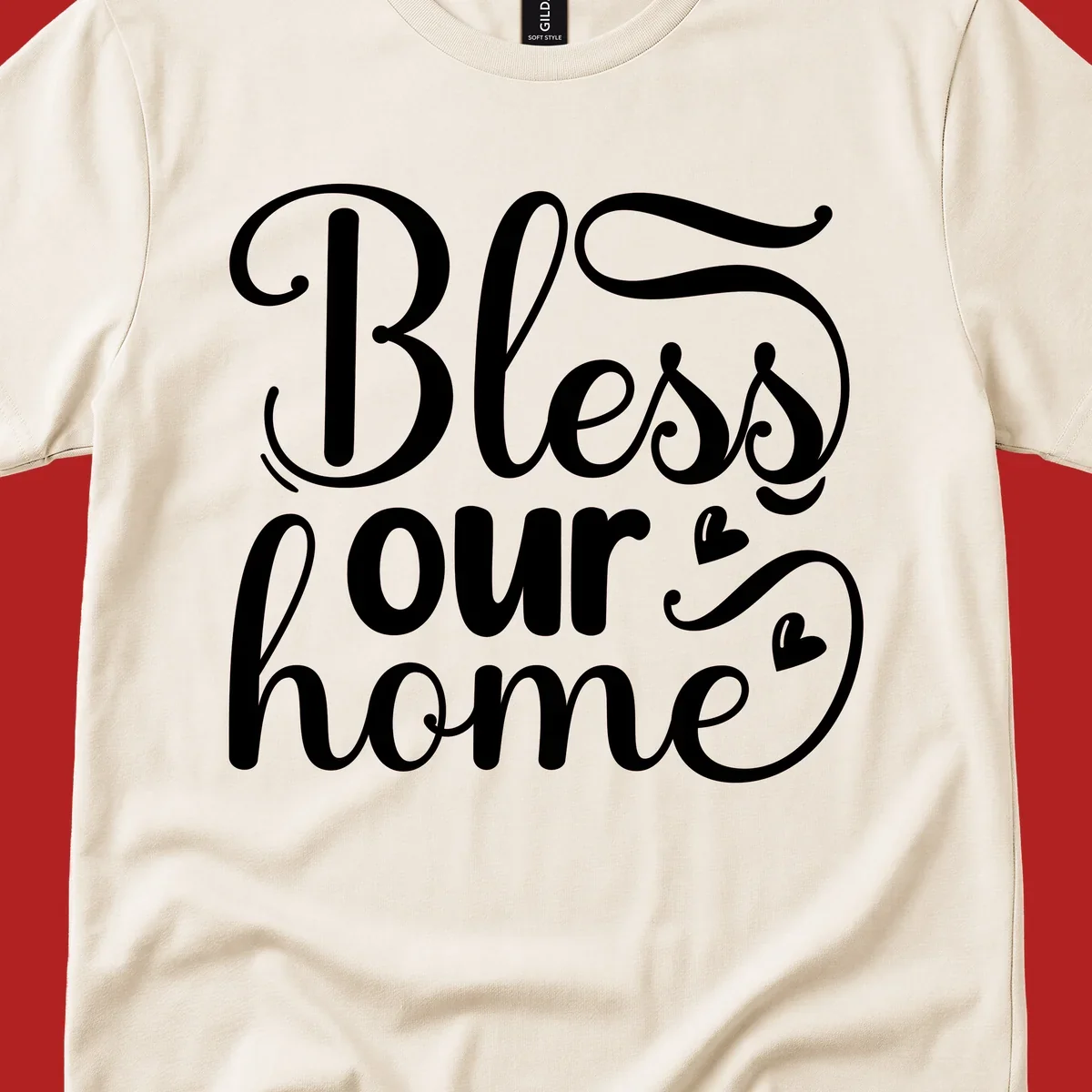 Bless our home script typography with hearts. White text on black and white backgrounds.