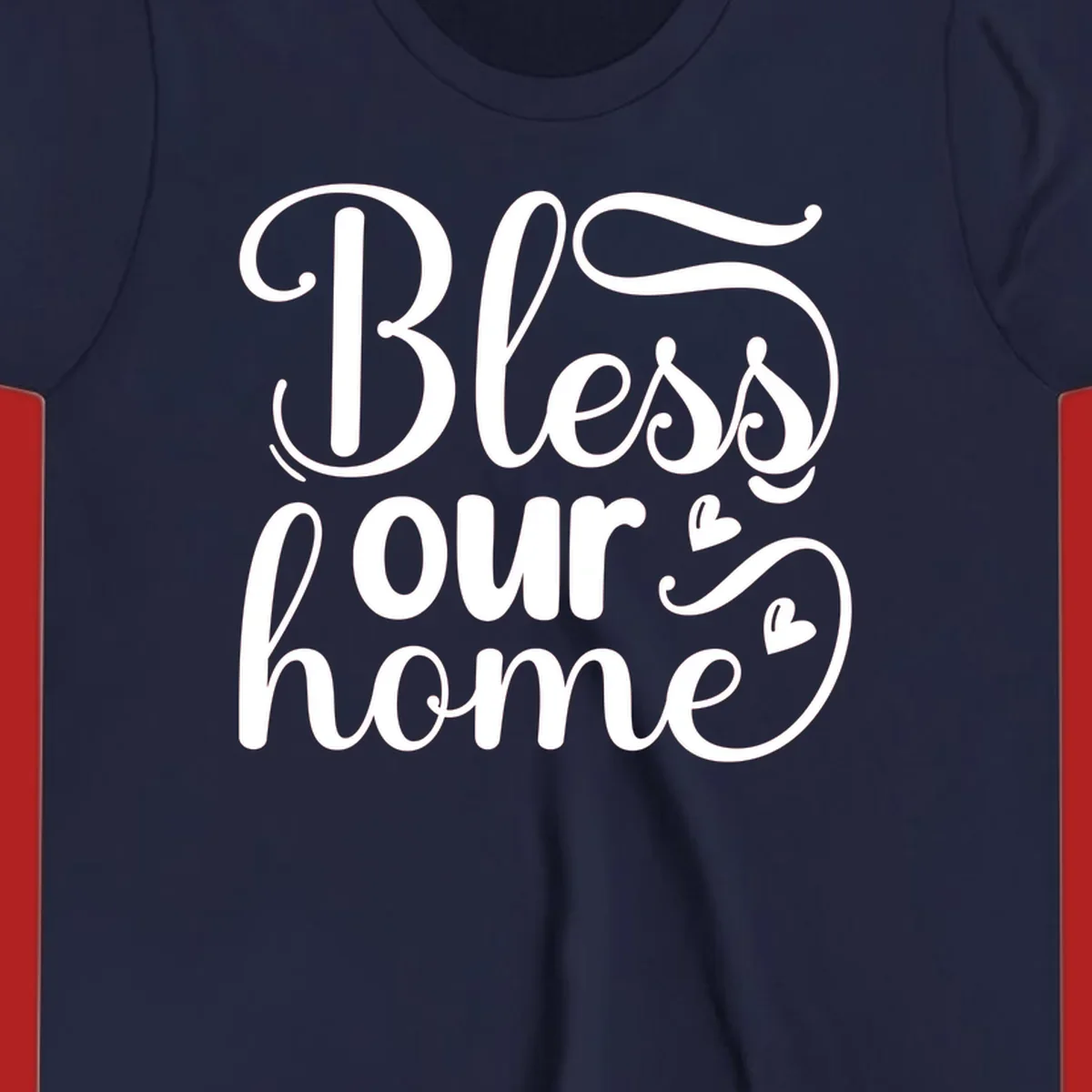 Bless our home script typography with hearts. White text on black and white backgrounds.