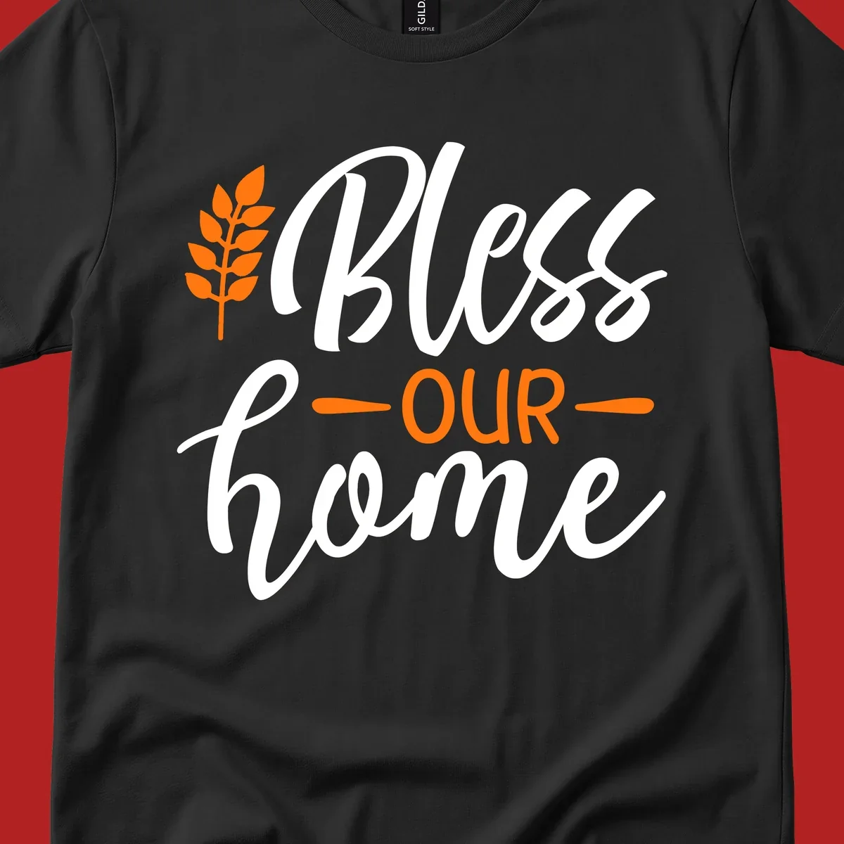 Bless our home autumn wheat design with orange wheat stalk and text.