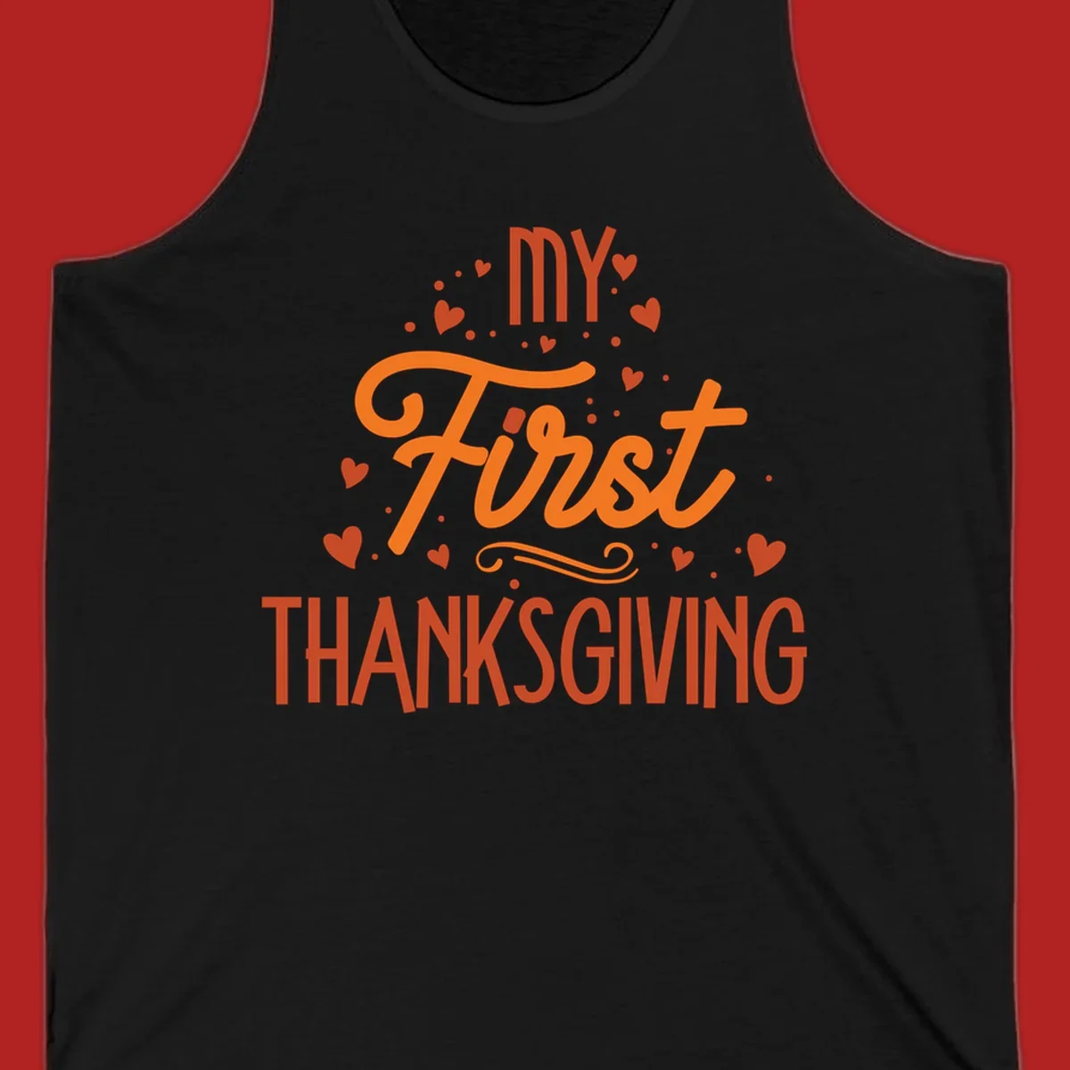 My First Thanksgiving text with hearts and dots illustration, for baby's first holiday.