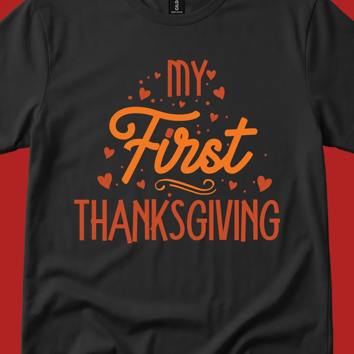 My First Thanksgiving text with hearts and dots illustration, for baby's first holiday.
