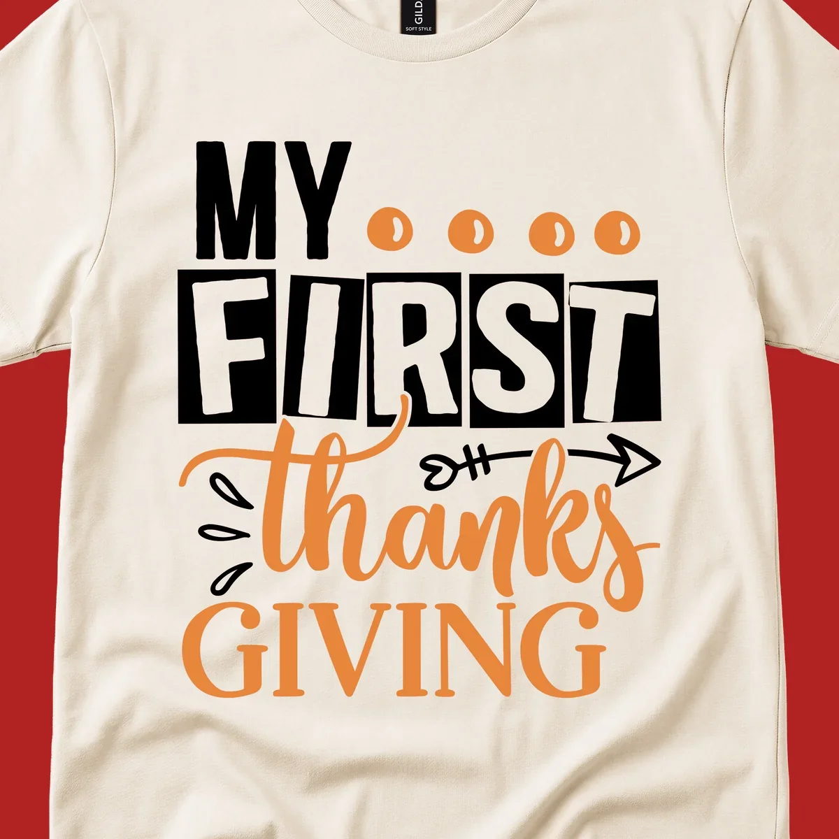 My First Thanksgiving baby design with bold text and festive accents.