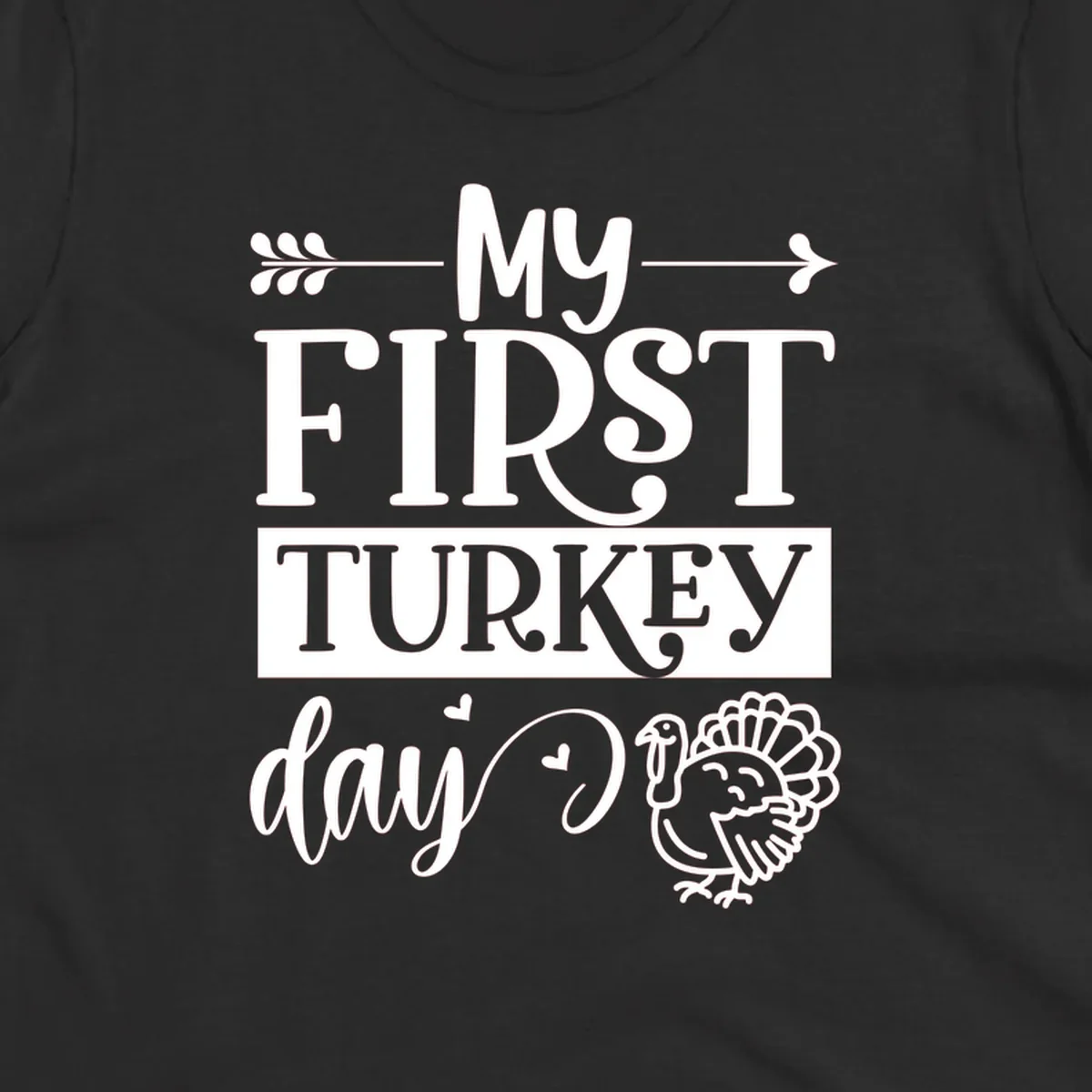 My First Turkey Day baby design with text and a cute turkey illustration.