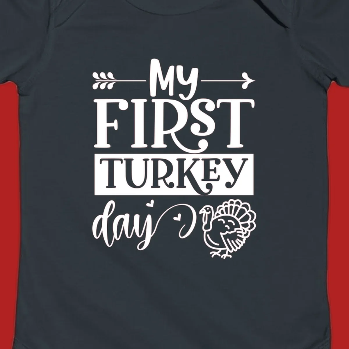 My First Turkey Day baby design with text and a cute turkey illustration.