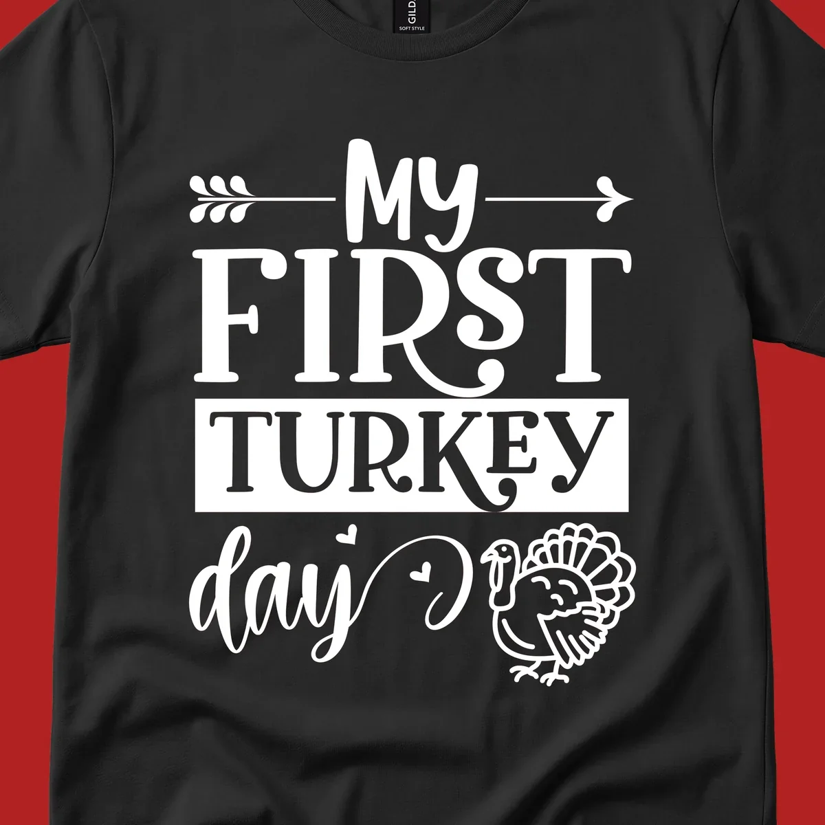 My First Turkey Day baby design with text and a cute turkey illustration.
