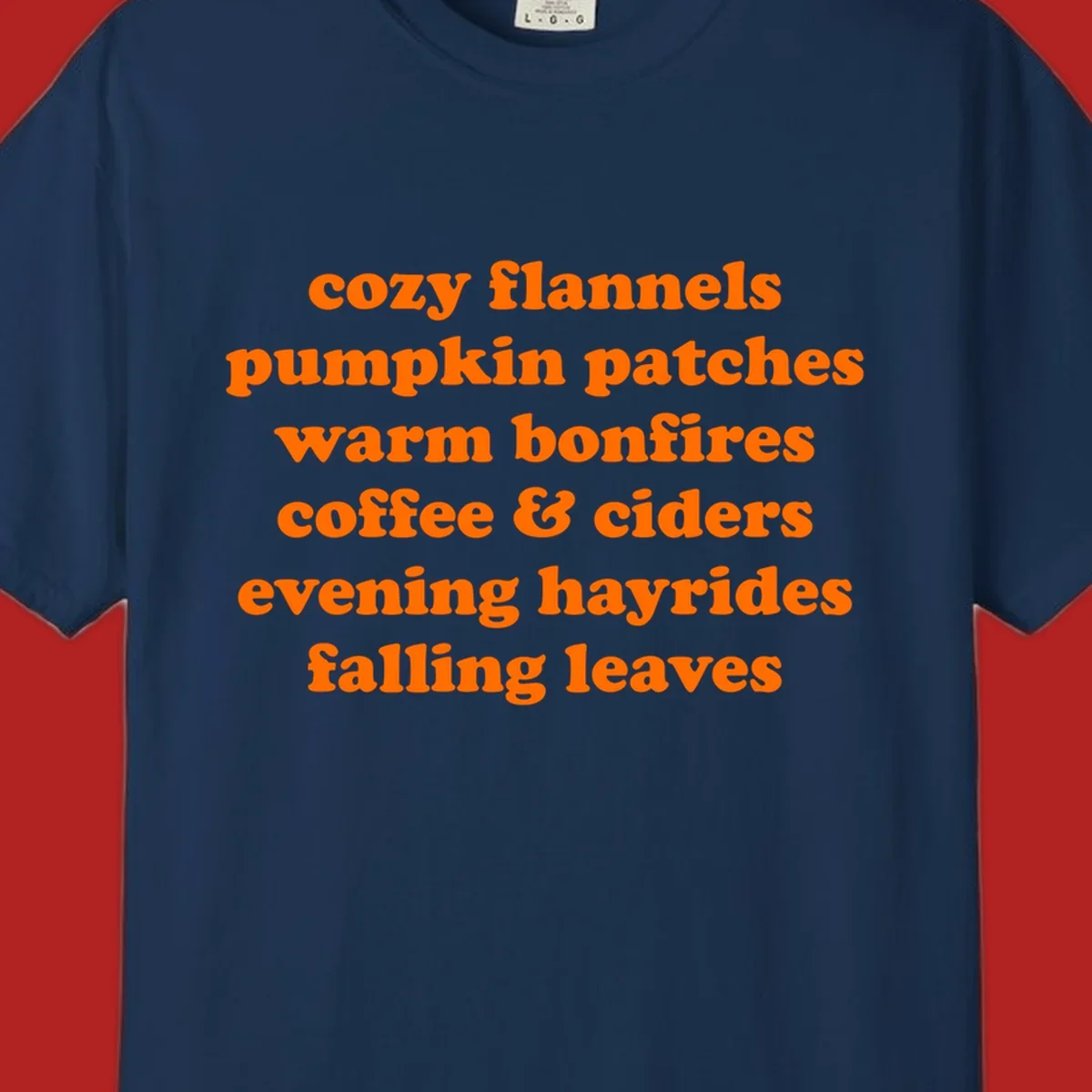 Orange text listing cozy fall activities like pumpkin patches and warm bonfires.