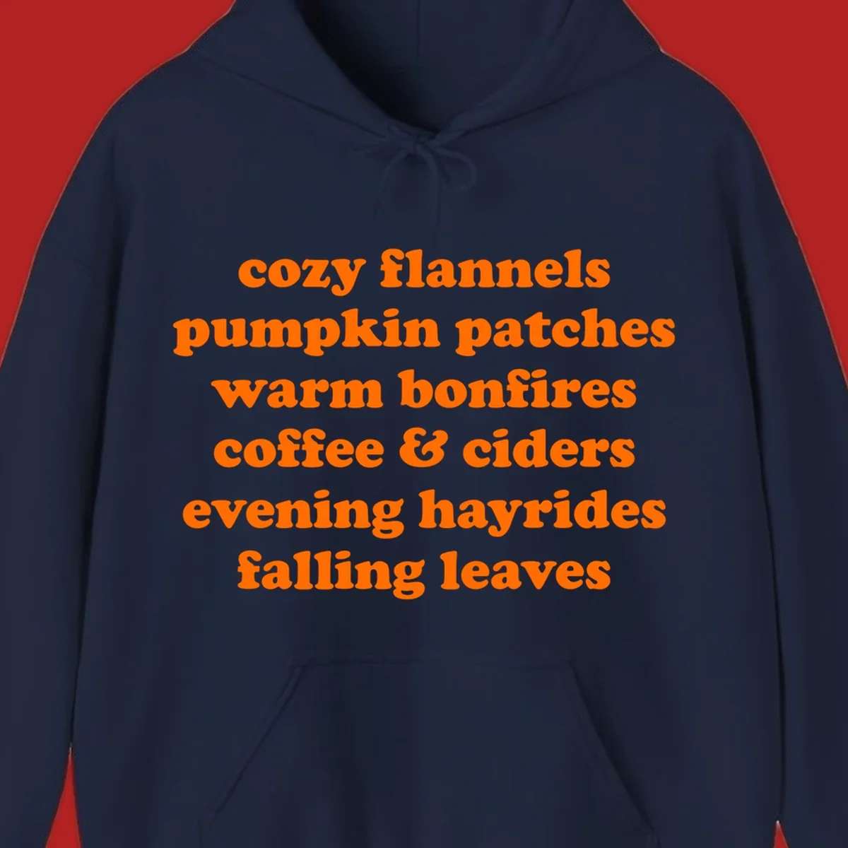 Orange text listing cozy fall activities like pumpkin patches and warm bonfires.