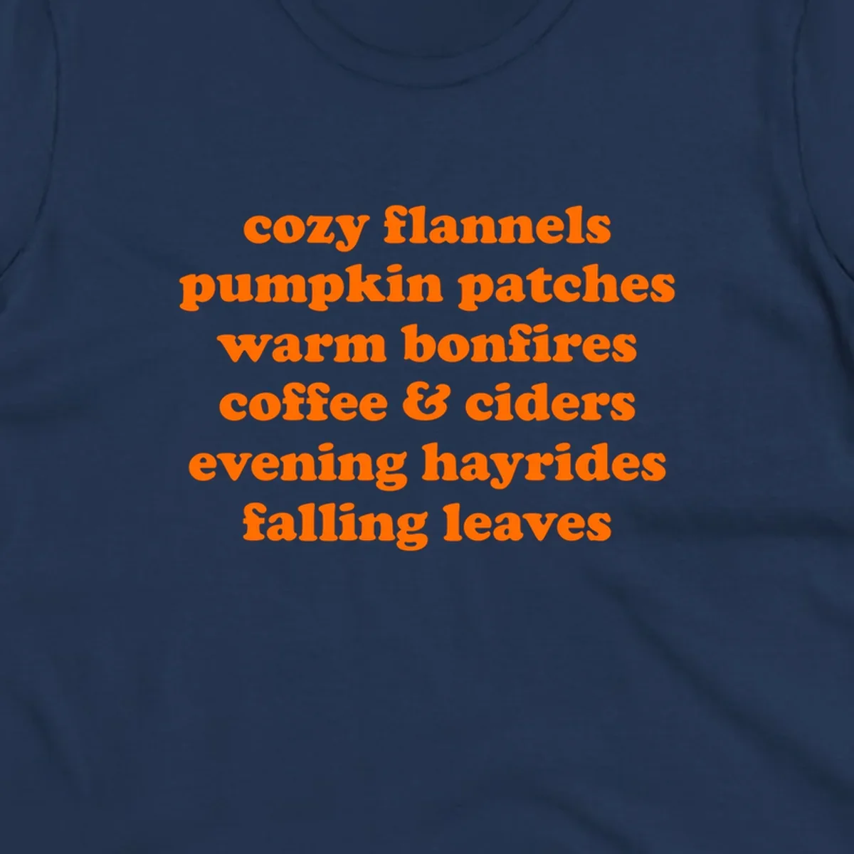 Orange text listing cozy fall activities like pumpkin patches and warm bonfires.