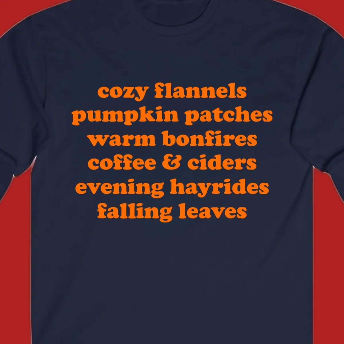 Orange text listing cozy fall activities like pumpkin patches and warm bonfires.