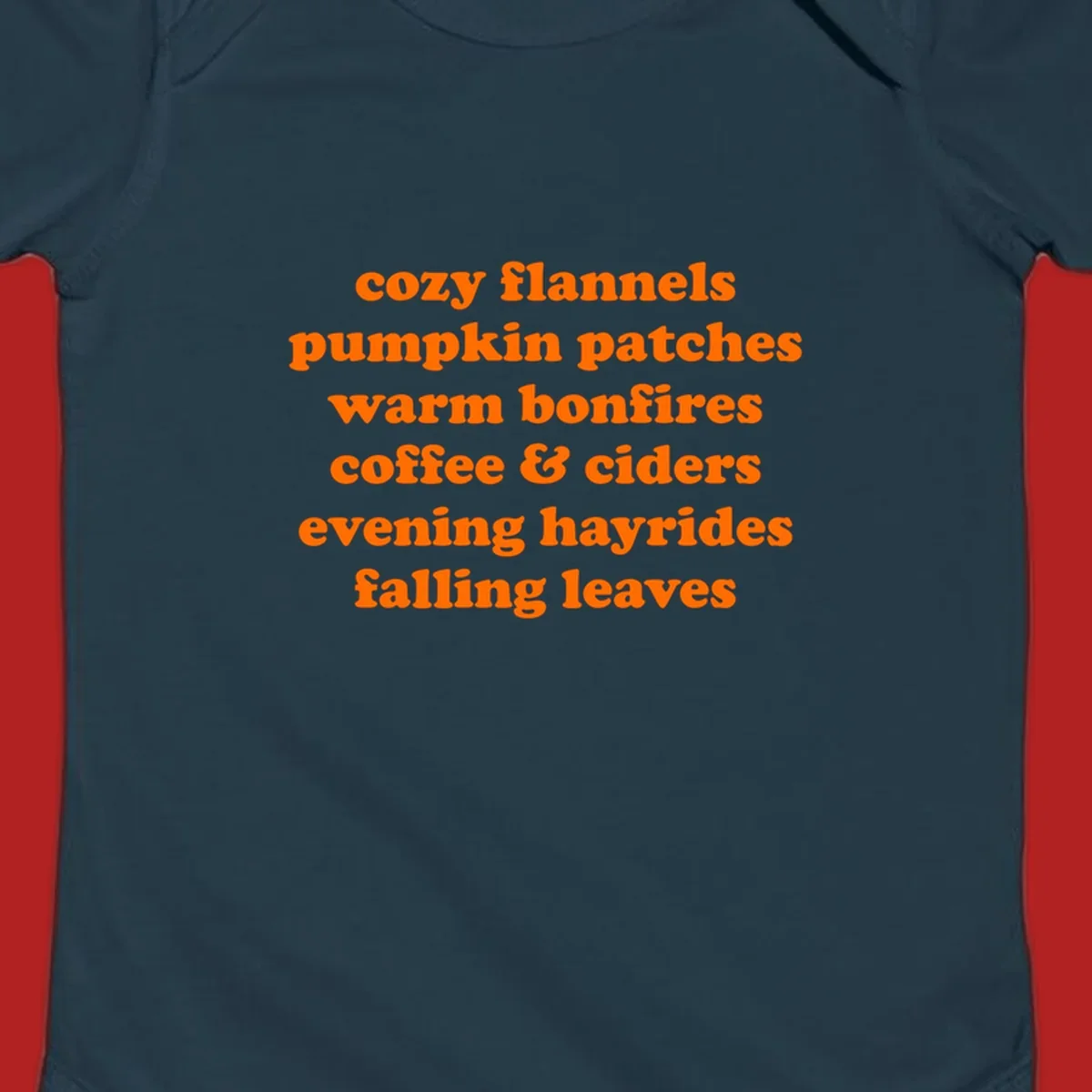 Orange text listing cozy fall activities like pumpkin patches and warm bonfires.