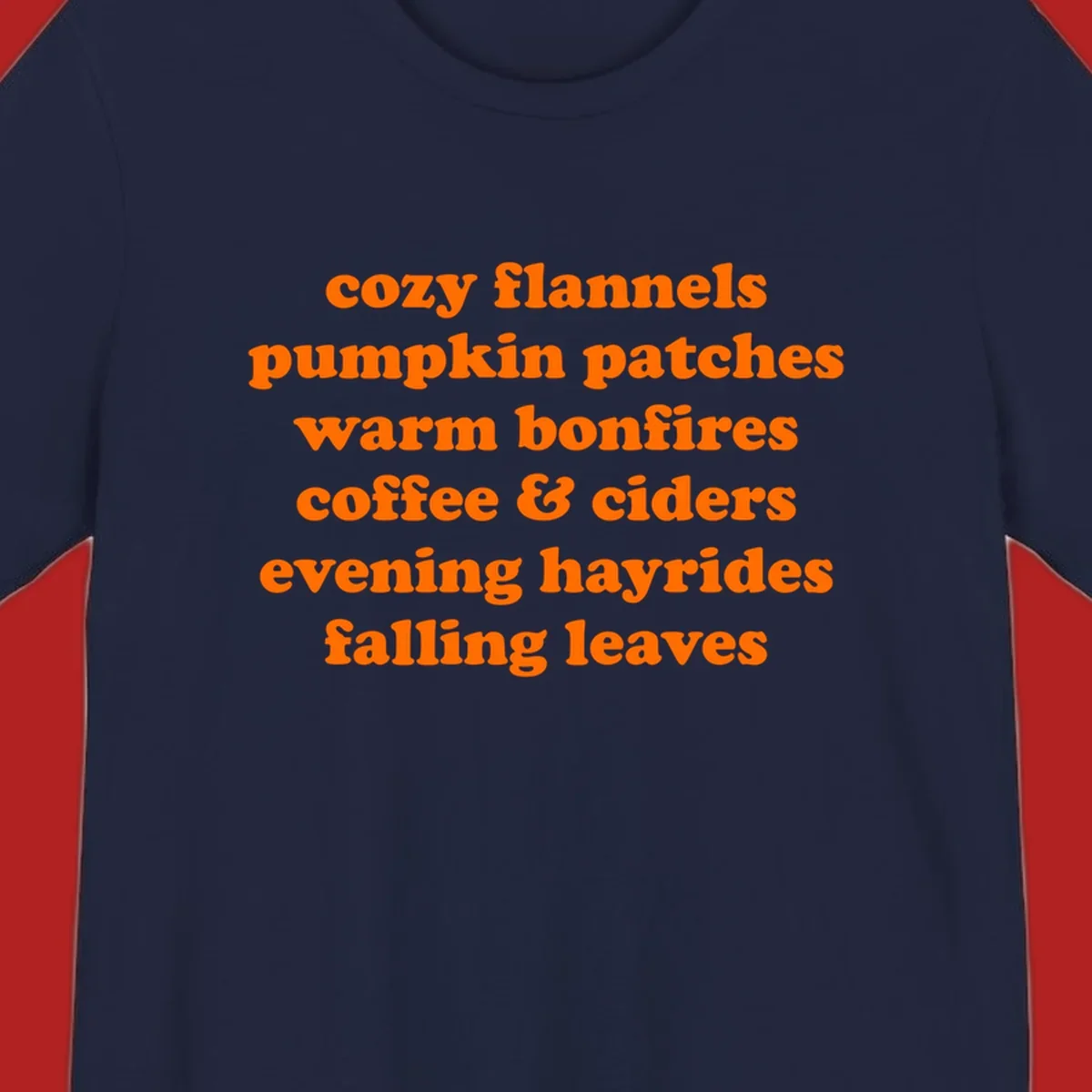 Orange text listing cozy fall activities like pumpkin patches and warm bonfires.