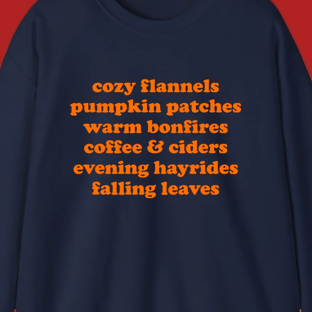 Orange text listing cozy fall activities like pumpkin patches and warm bonfires.