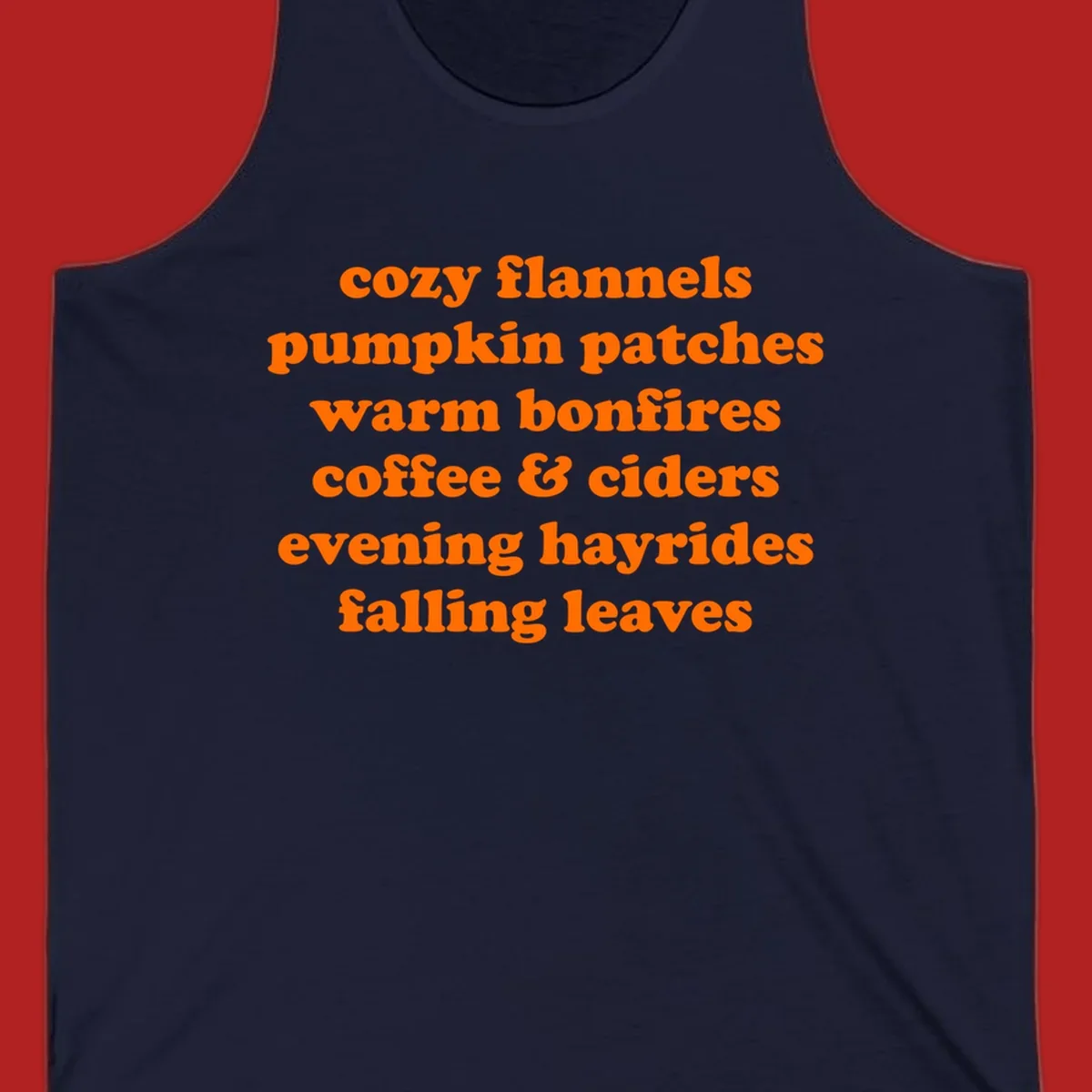 Orange text listing cozy fall activities like pumpkin patches and warm bonfires.