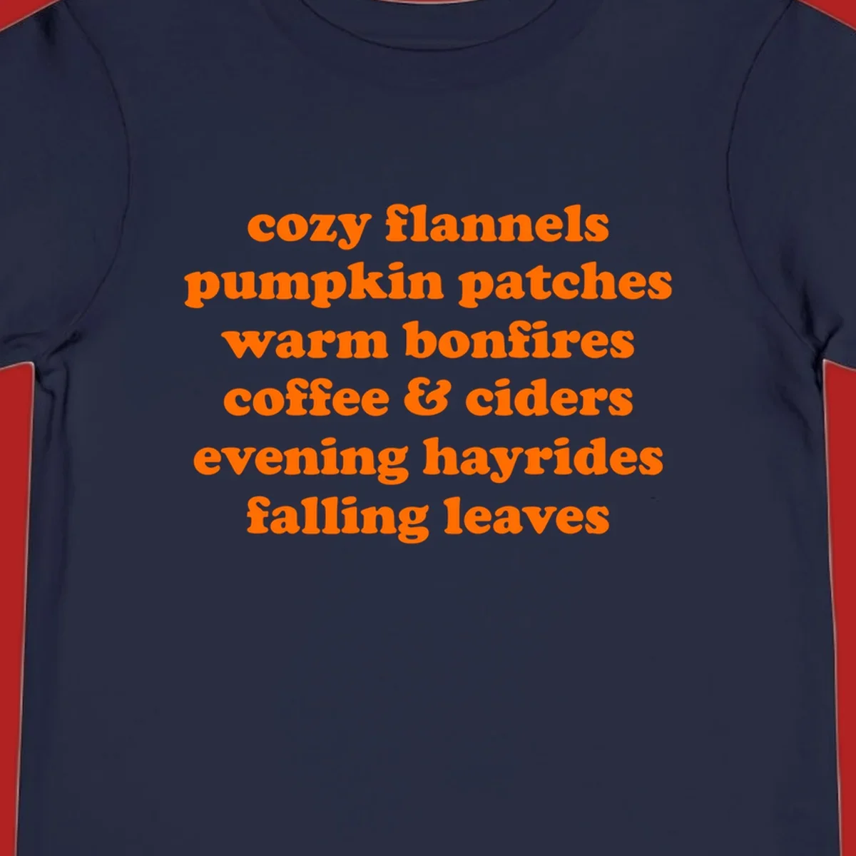 Orange text listing cozy fall activities like pumpkin patches and warm bonfires.