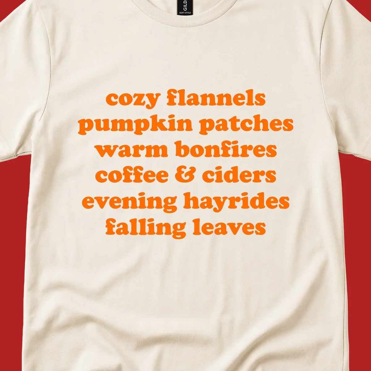 Orange text listing cozy fall activities like pumpkin patches and warm bonfires.