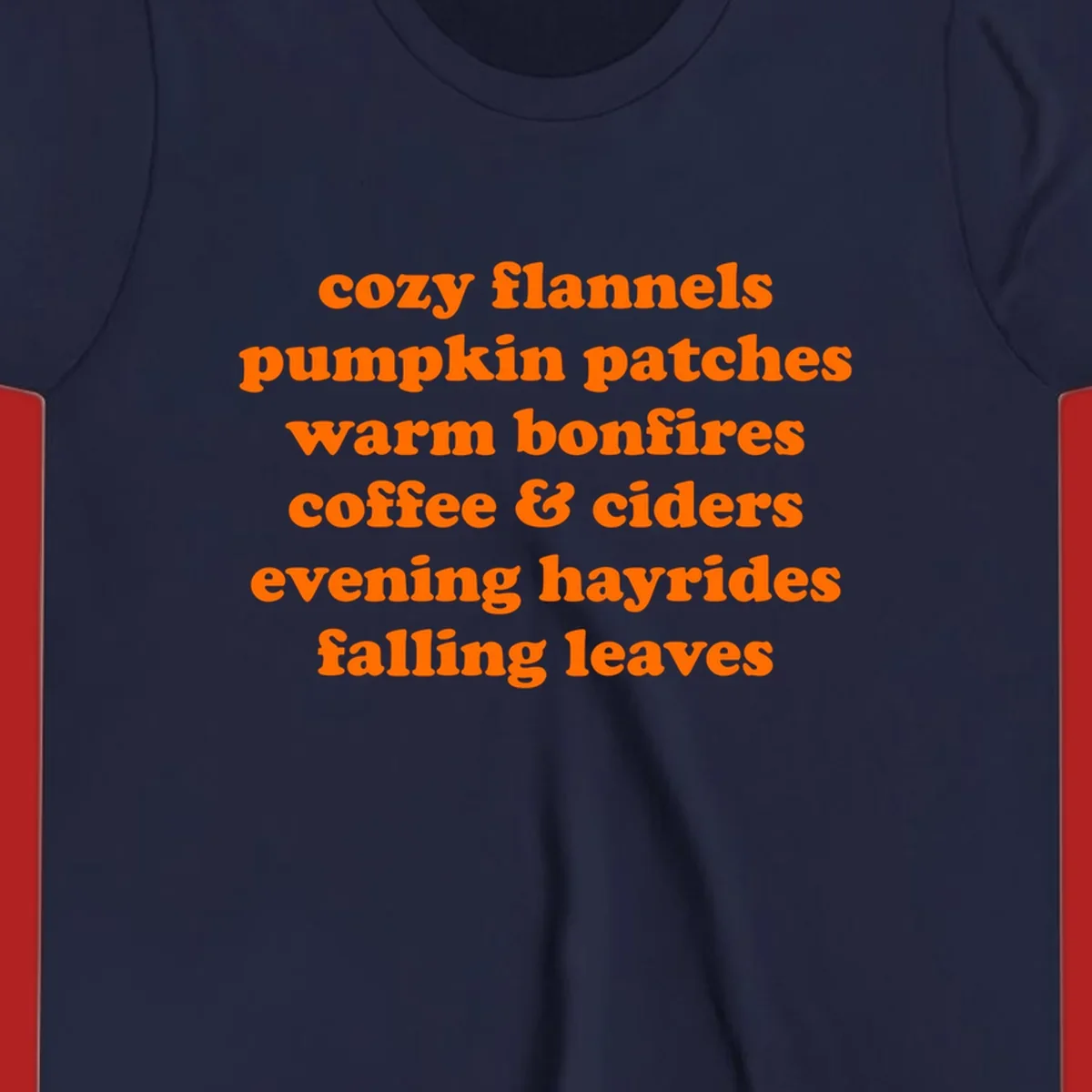 Orange text listing cozy fall activities like pumpkin patches and warm bonfires.