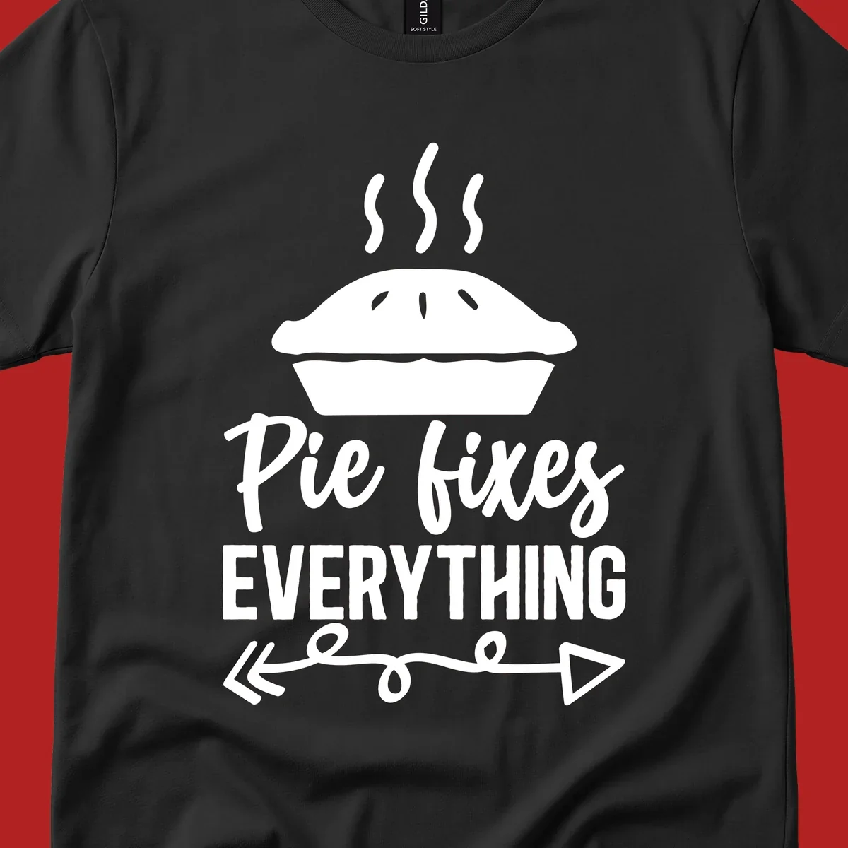 Pie fixes everything graphic with steaming pie and decorative arrows.